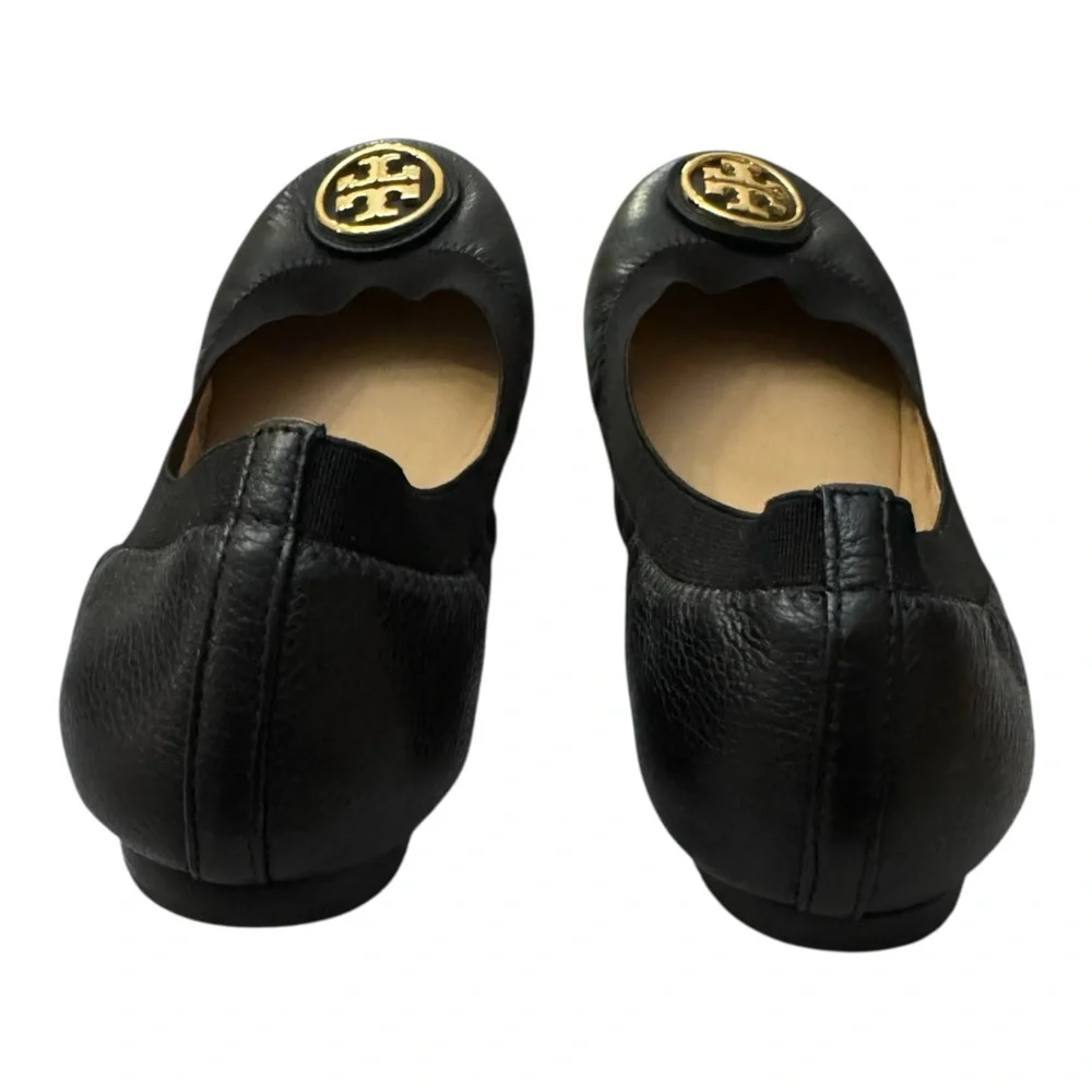 Tory Burch CAROLINE 2 Elastic/Leather Ballet Flats Gold Logo, black SIZE 8M - Picture 4 of 9